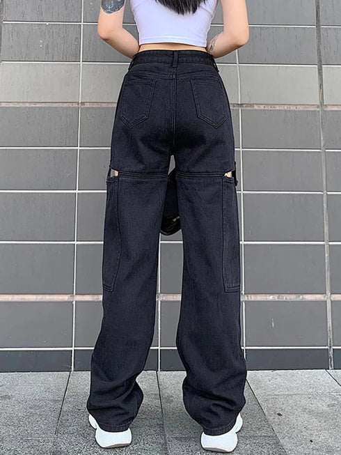 Cargo Large Pocket Hollow Cut Straight Pants